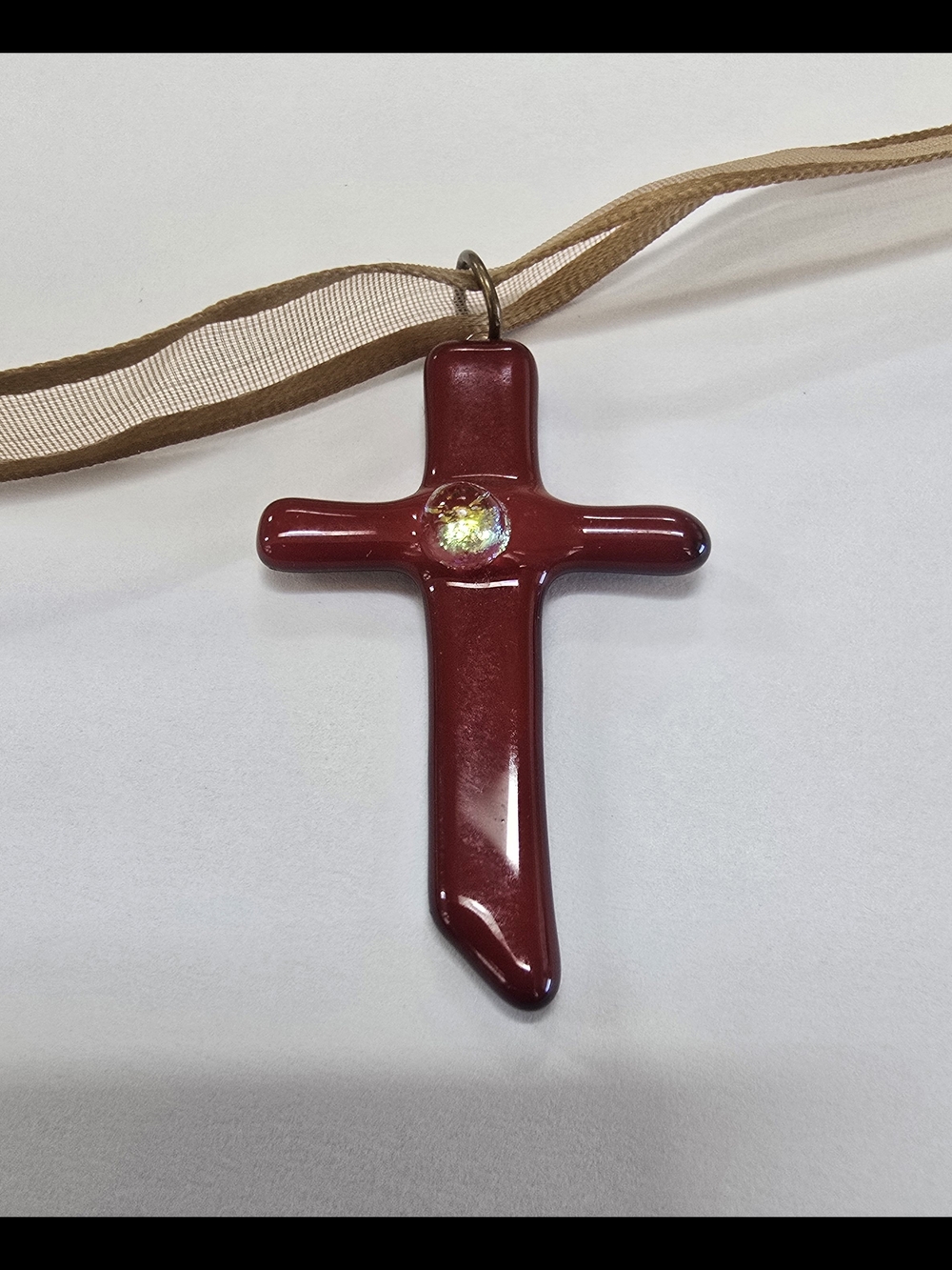 Hand Crafted Red Cross Pendant Necklace - Glass Cross with Crystal Accent